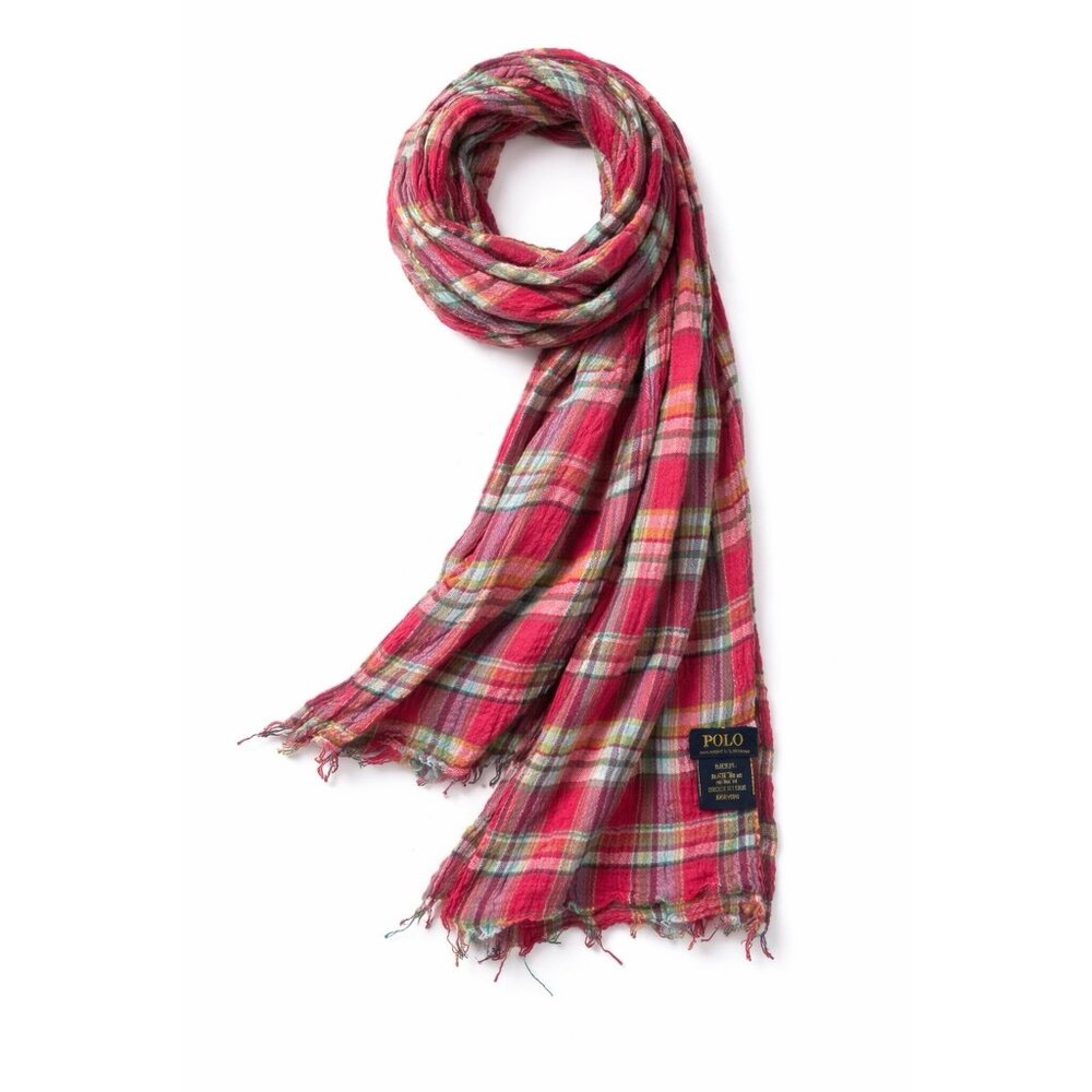 Vintage Polo Ralph Lauren Plaid Wool Scarf 80x14 Long Frayed Edge